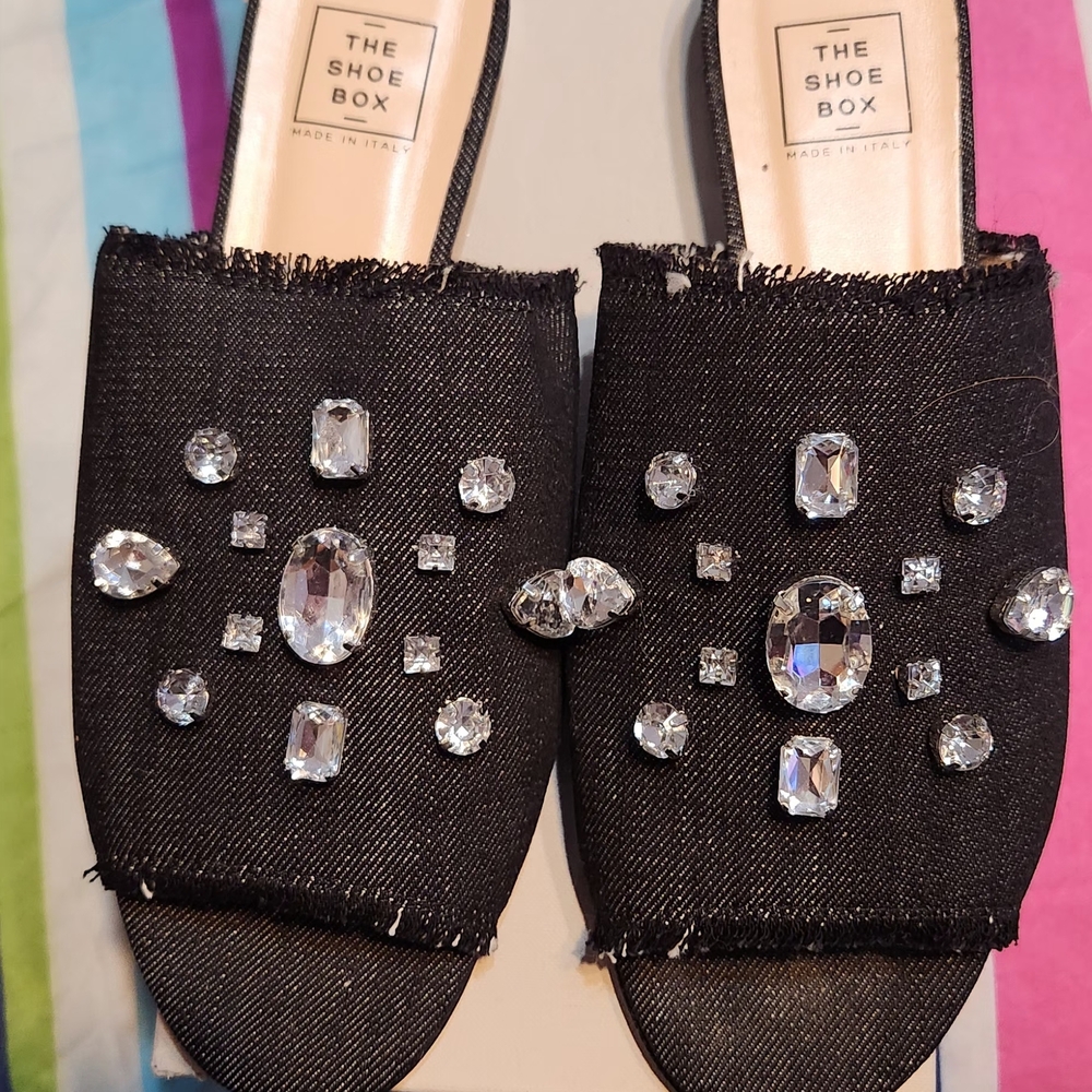 The Shoe Box Black Crystal Embellished Mules